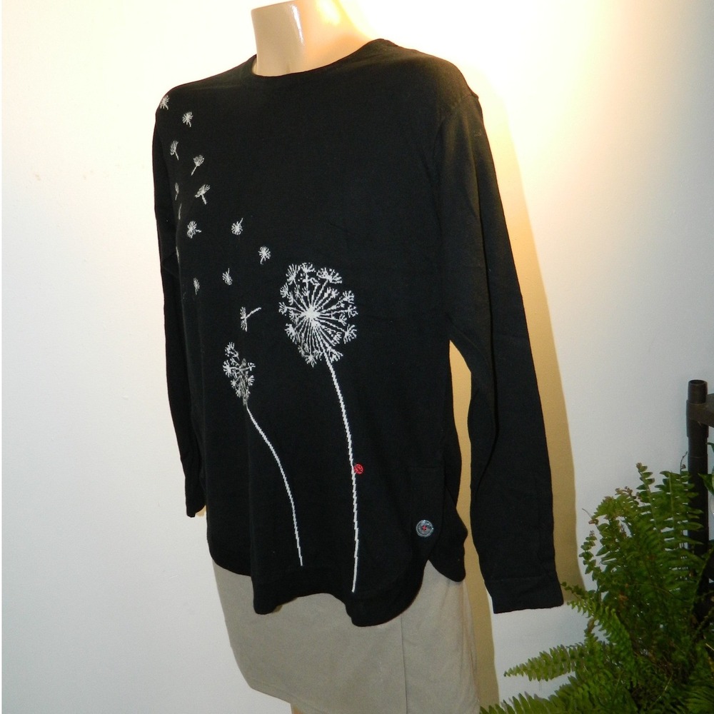 J. Jill Dandelion Lady Bug Top Womens Small Black Embroidered Long Sleeve Cotton